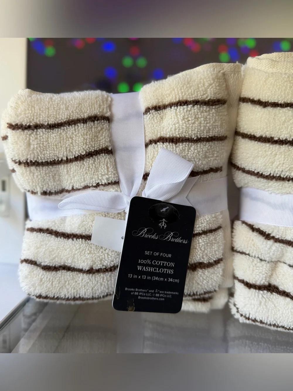 BROOKS BROTHERS Turkish bathroom washcloth hand Towel Striped Ivory Dark Brown